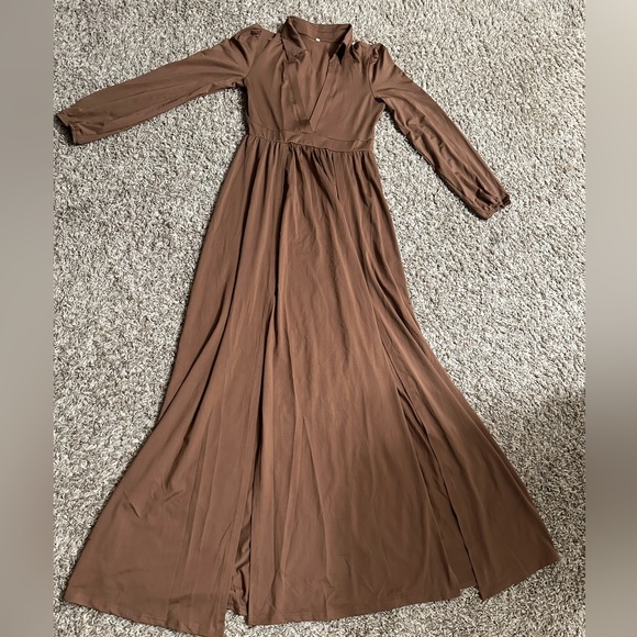 NWOT LONG BROWN DRESS WITH DOUBLE THIGH SPLITS - Picture 4 of 12